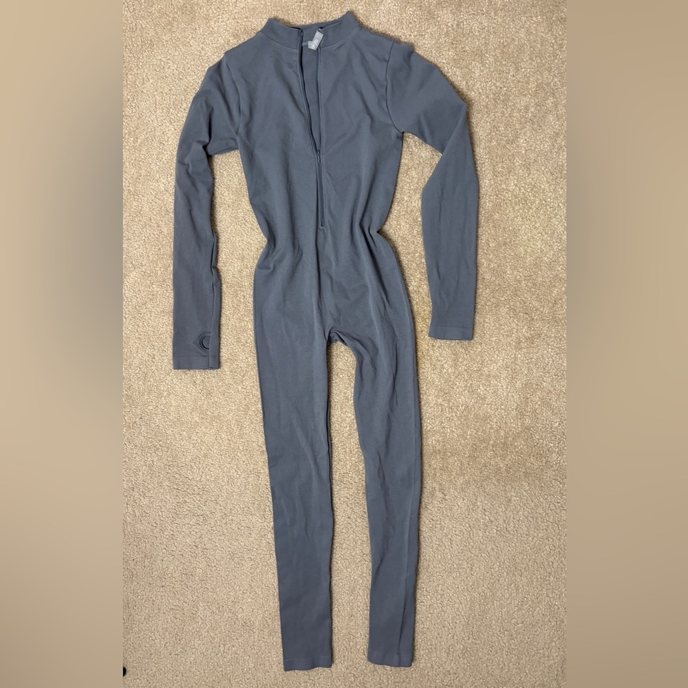 Grey Ribbed Zip Up Jumpsuit